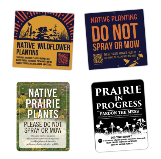 Four different types of signs indicating native plants