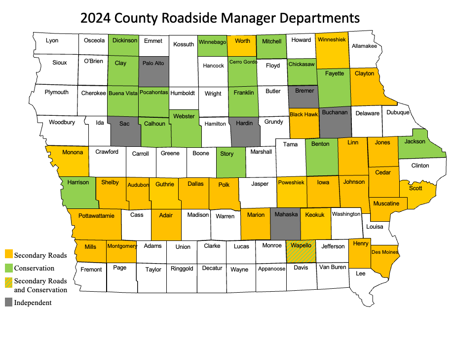 Map of Iowa showing which department each county roadside manager works in.